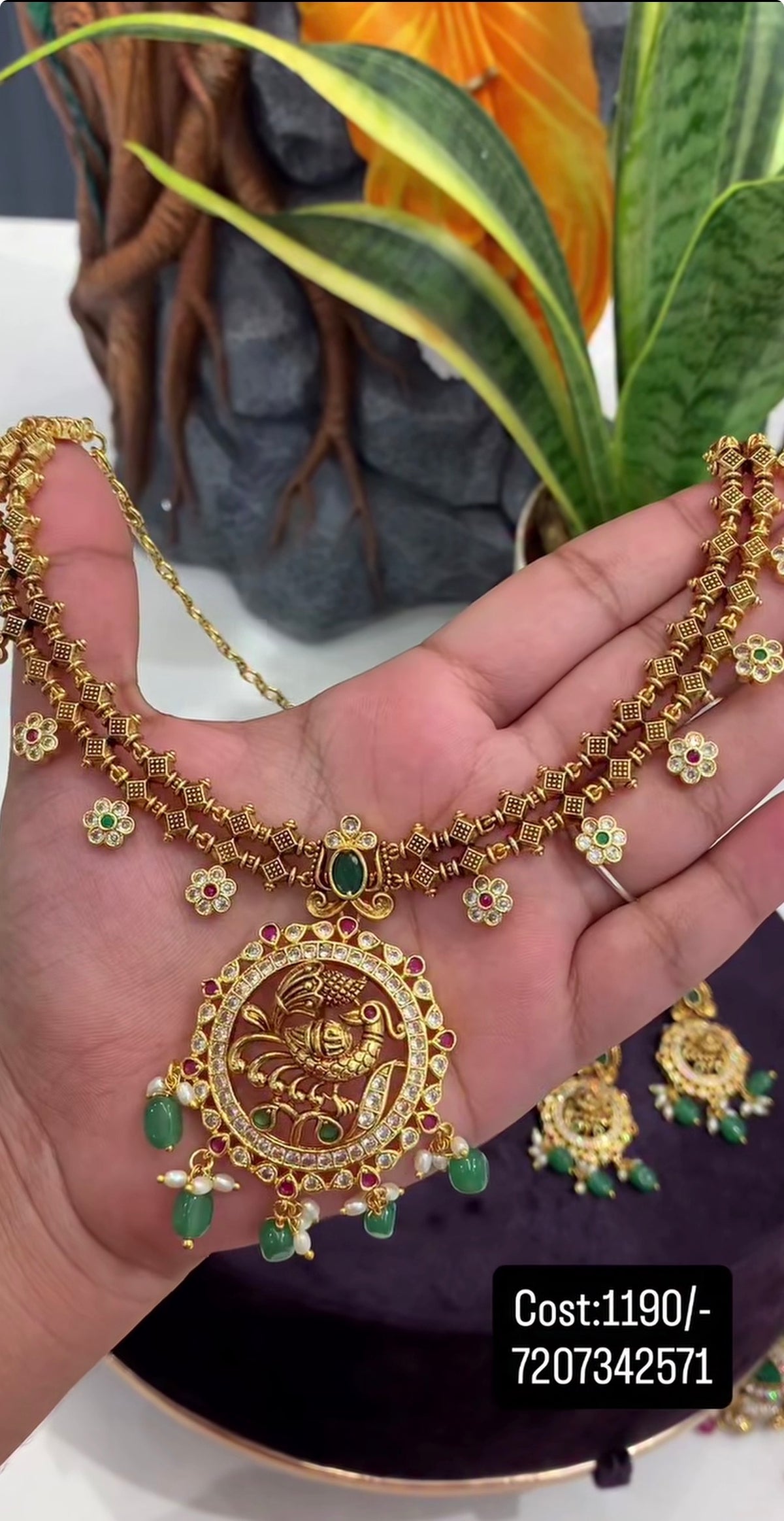 Beautiful peacock design hasli model necklace with screwback earrings