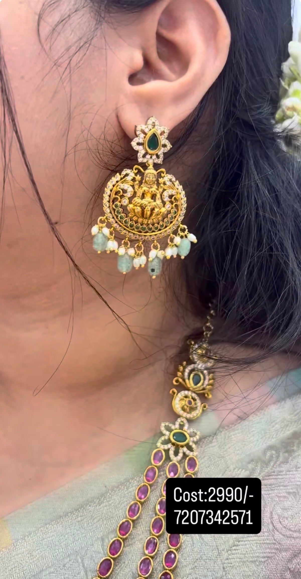Beautiful pota stone 3 layers haram with screwback earrings