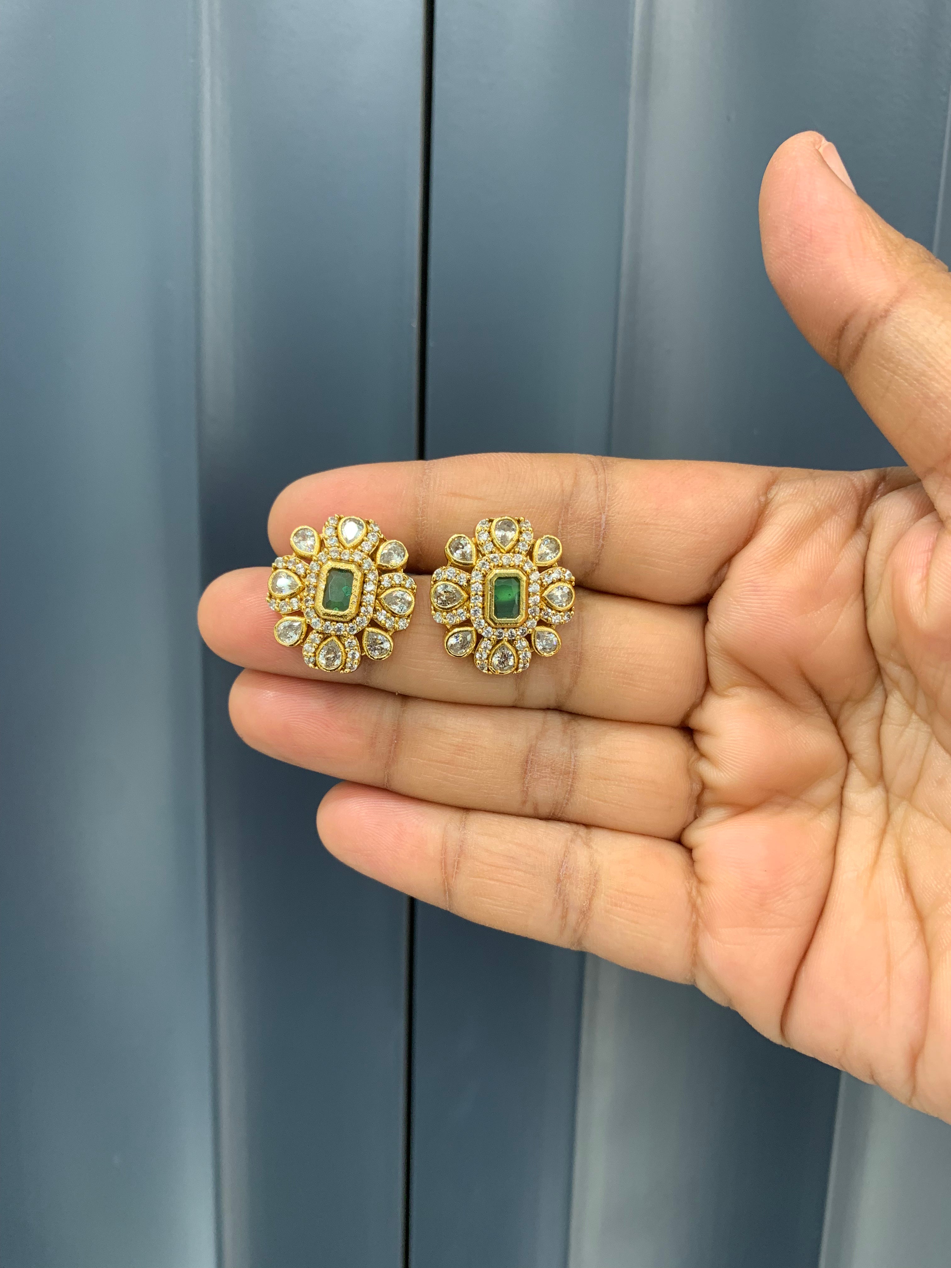 Beautiful green color uncut stone studs with pushback