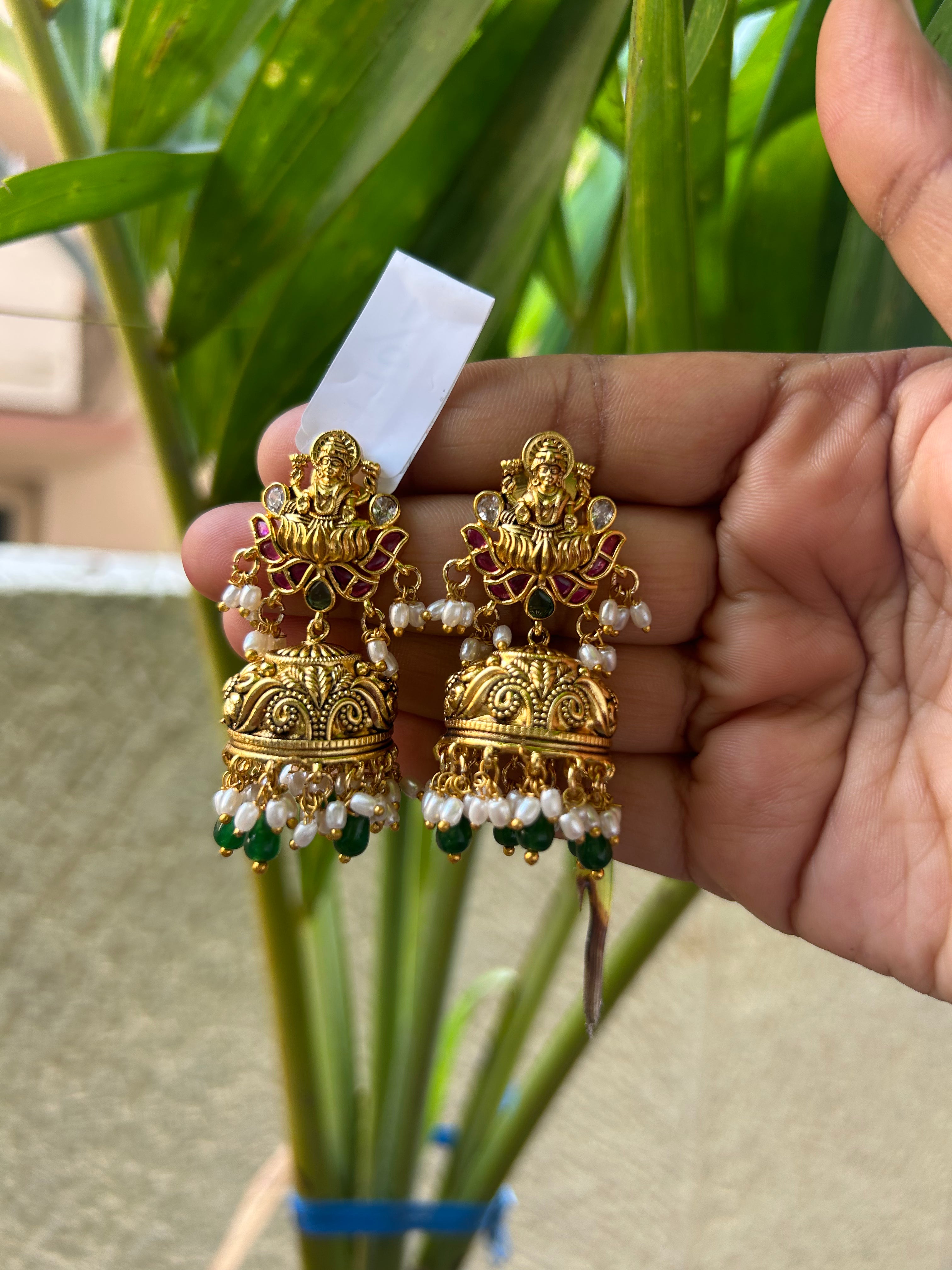 Beautiful pota stone Lakshmi devi jumkis with pushback